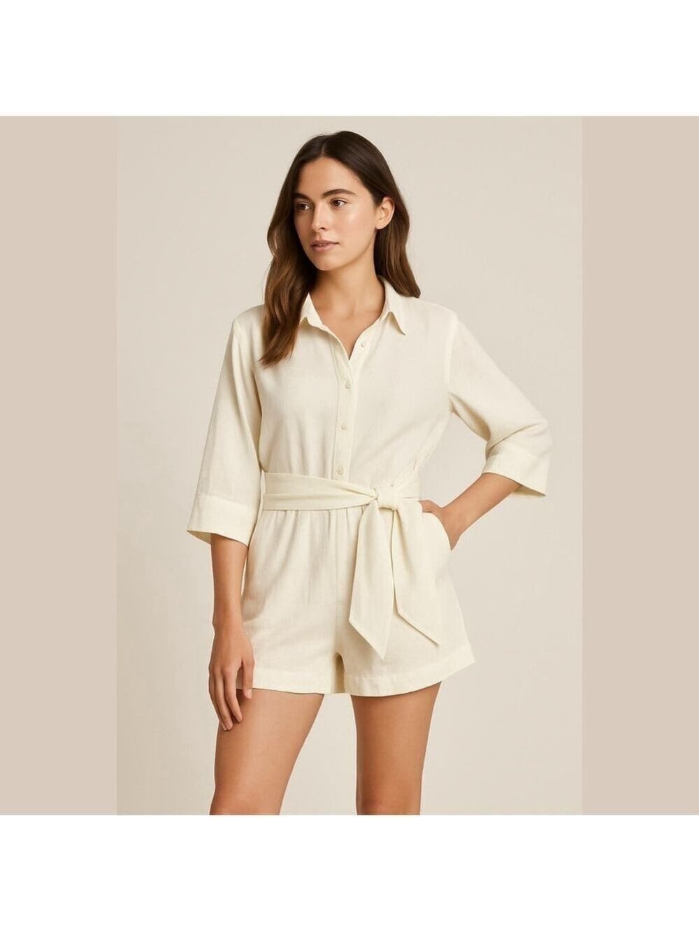 Free Assembly cream linen blend shorts romper jumpsuit belt button front Sz S